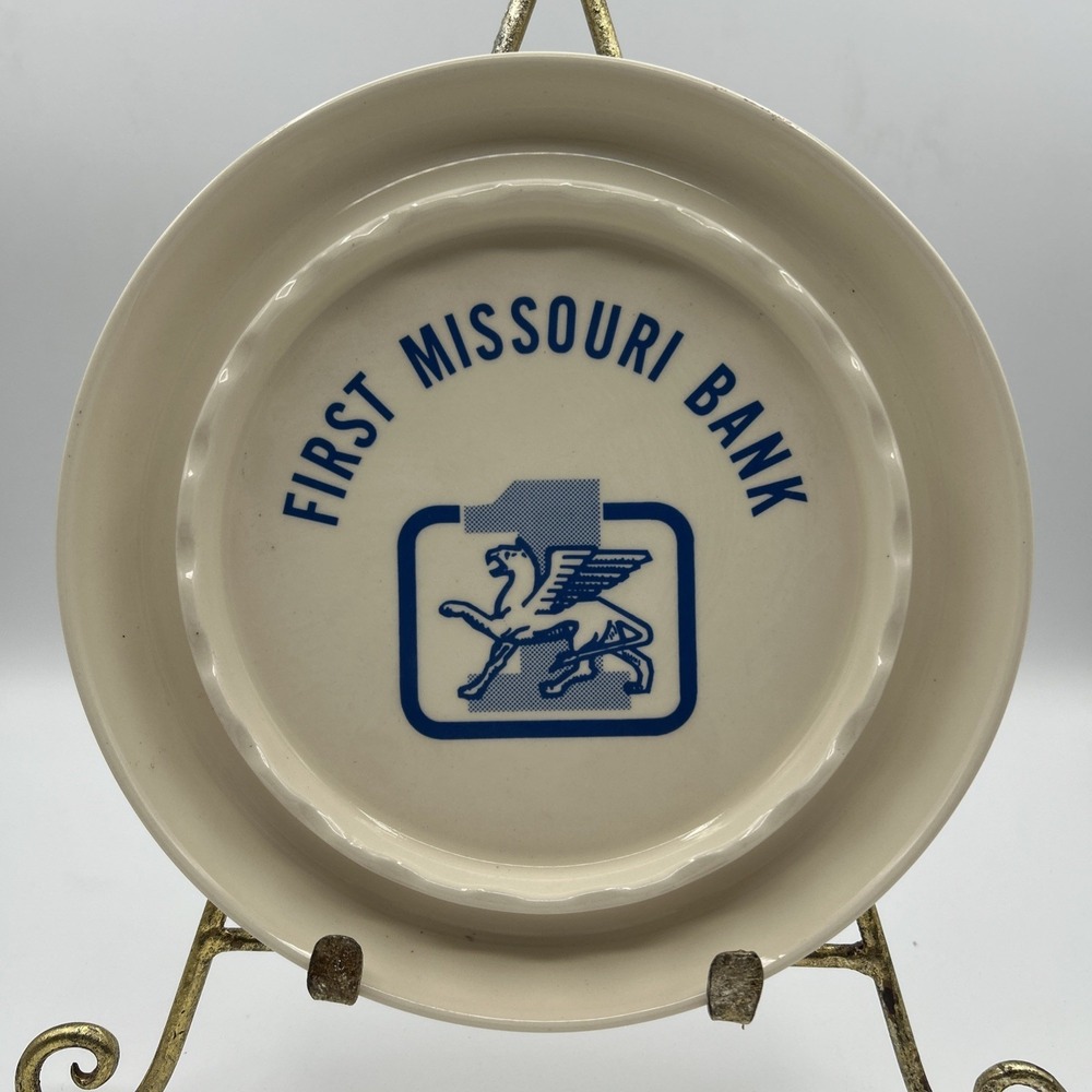 Vtg First Missouri Bank Ceramic Coaster Ashtray Trinket Dish Blue Griffin Logo